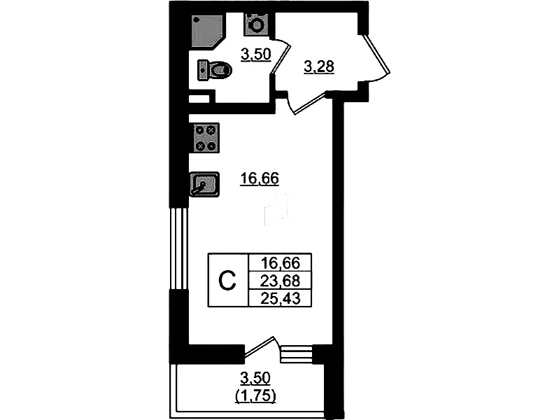 Квартира студия 25.43 м², 1/4 эт., ЖК «Новая история»